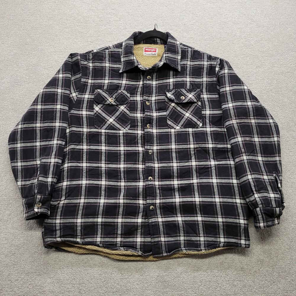 Wrangler Premium Quality Mens Large Sherpa Lined Flannel Jacket Plaid Black Gray